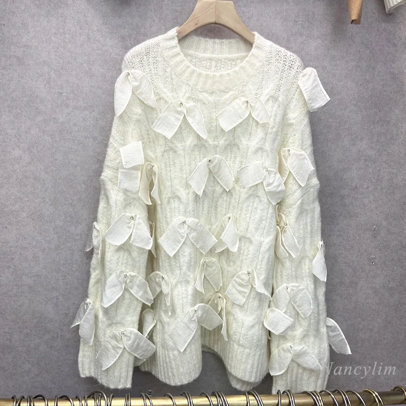 

Three-Dimensional Bow Ribbon Sweater Women Loose Slit Lady Loose Long Pullovers Round Neck Bat Sleeve Pull Femme 2021 Spring