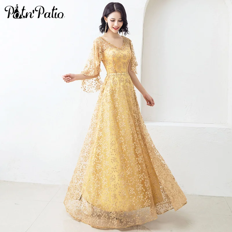 

V-Neck Princess Yellow Evening Dresses Long A-line Floor-length Sexy Backless Lace Formal Evening Gowns For Women Plus Size