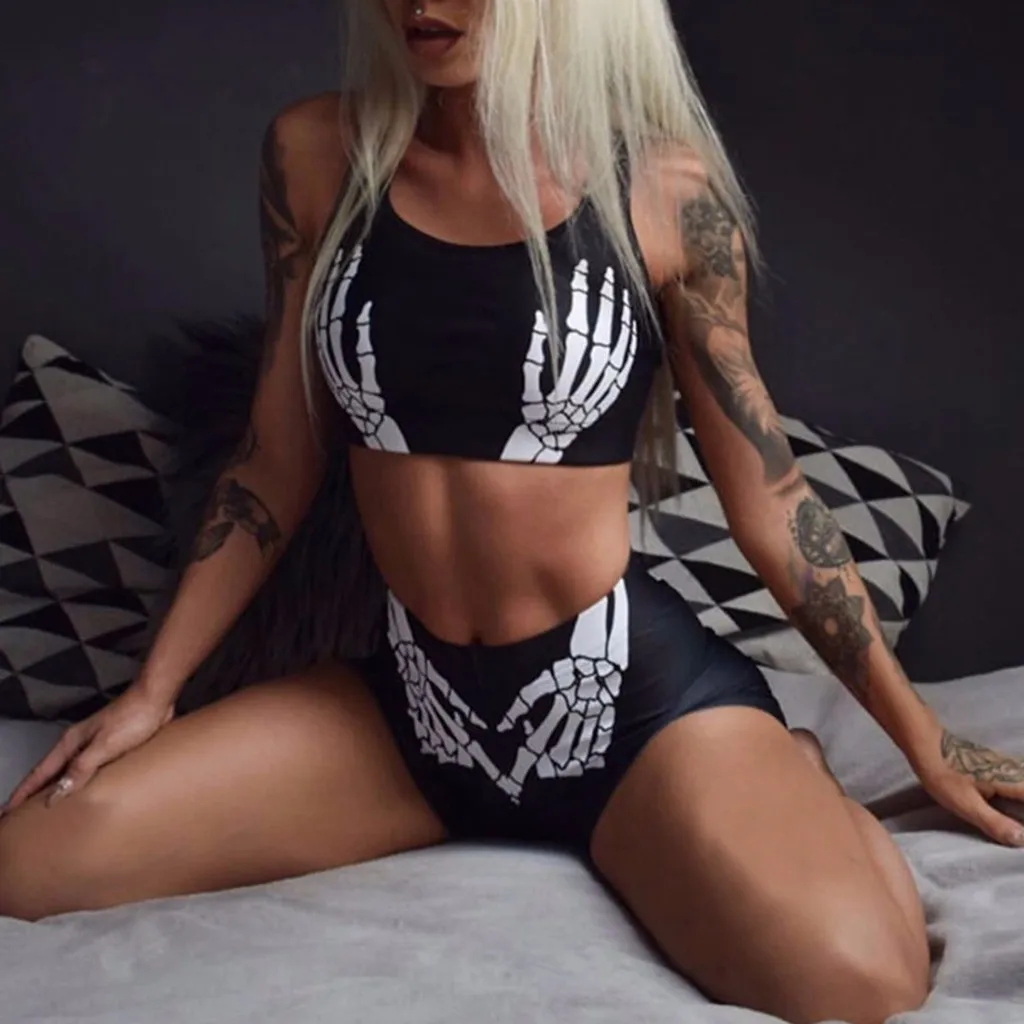 

Tracksuit Women Fashion Sport Halloween Two Piece Set Slim Bone Print Set Sleeveless Tops Skinny Shorts Dark Set Free Ship Z4