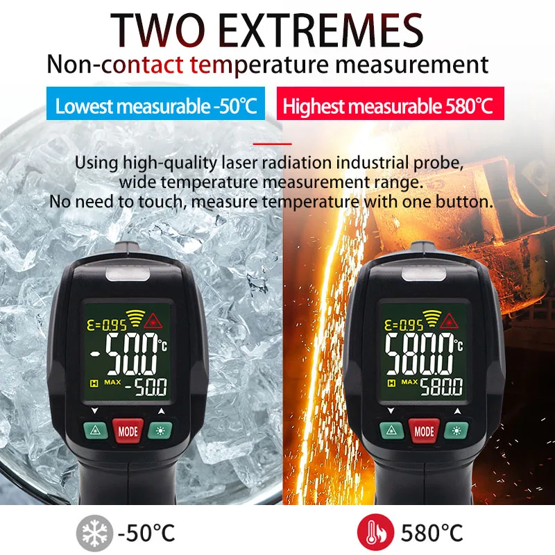 휴대용 디지털 적외선 온도계, 고정밀 비접촉 산업용 온도 계량기, LCD 디지털 온도계,-50 ℃ 580 ℃