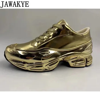 

JAWAKYE Metallic gloss Gold Platform Casual Women Shoes Leather Solid Red Sneakers for Women Thick Sole Lace up Flat Shoes Woman