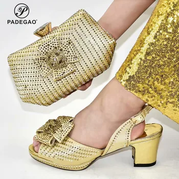 

Elegant New African Gold Color Shoes And Bag To Match Set Italian High Heels Party Shoes And Bag Set For Wedding Dress