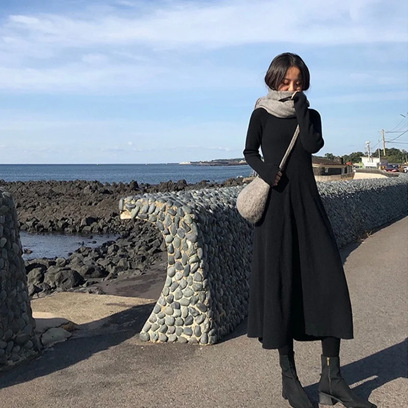 

Fashion Female Winter Dress Women Maxi Dress Harajuku Sweater Solid One Piece Knit Full-Length Women's Sweater Dresses