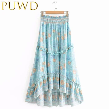 

PUWD 2020 Spring and summer new women's high waist printed elastic waist skirt Lotus leaf edg long skirt Sky blue