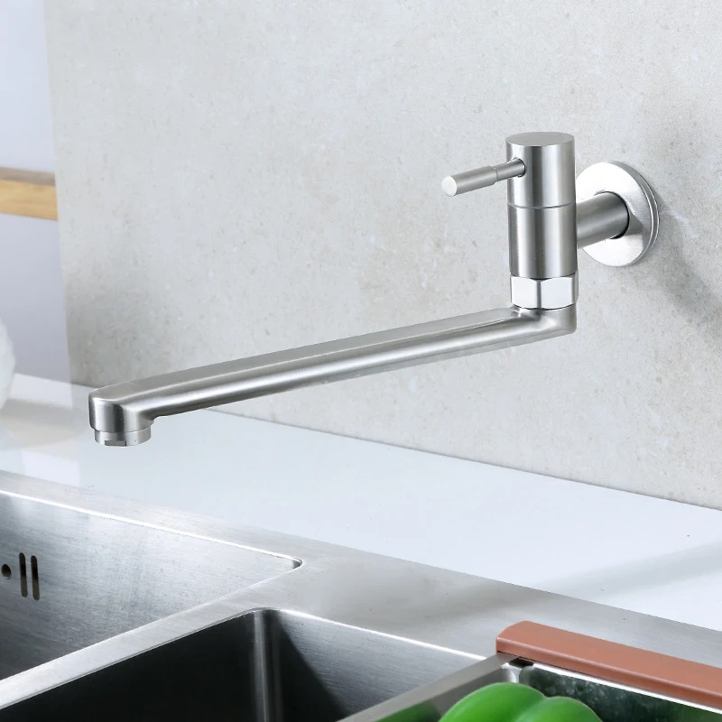 

Wall Mounted Kitchen Faucet Stainless Steel 360 Degree Rotation Basin Sink Tap Single Cold Water Tap Swivel Spout Long Bibcocks