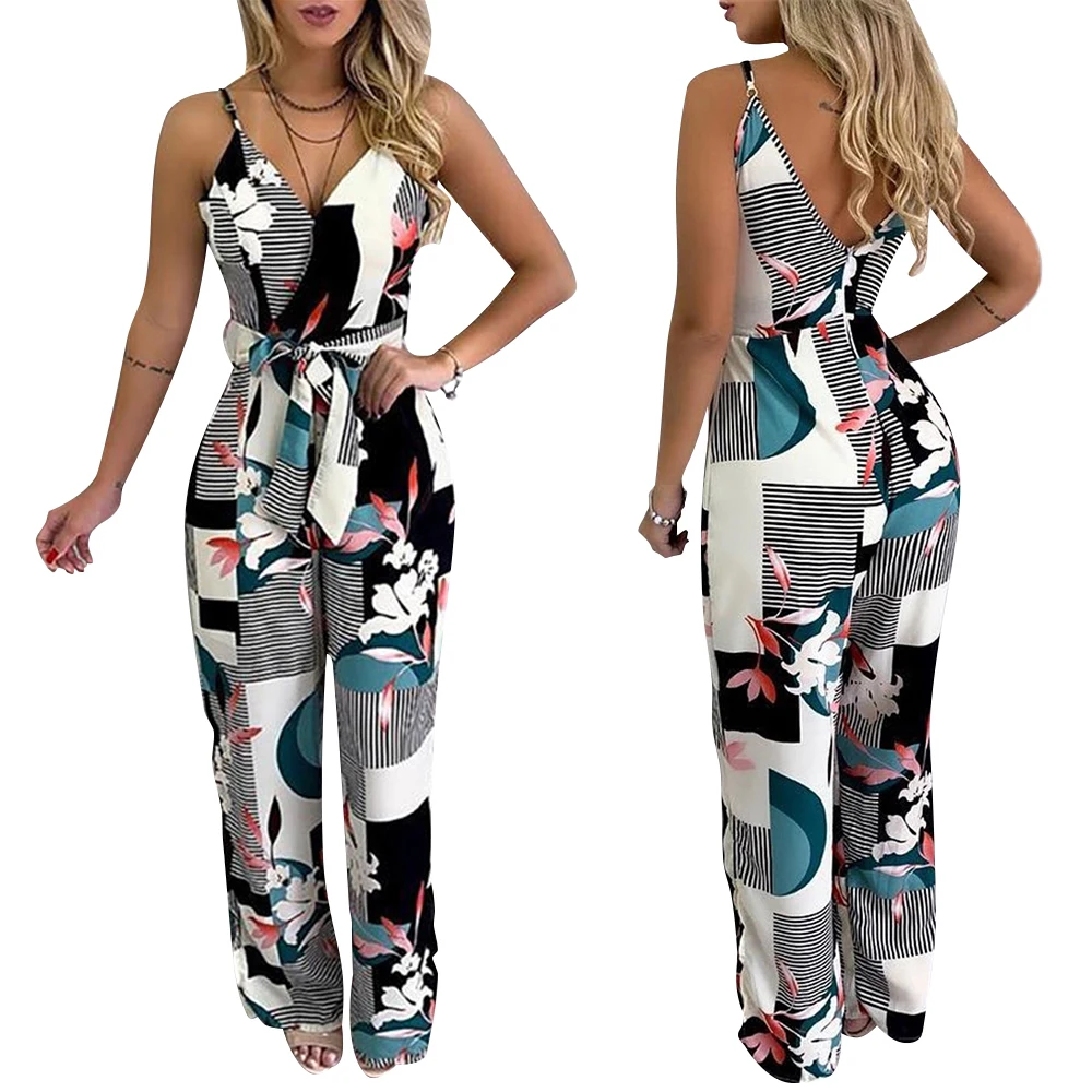 

Summer One-Piece Casual Streetwear jumpsuit Vintage Elegant Sleeveless Overalls Backless Straight Long Pants Clothes Female D30
