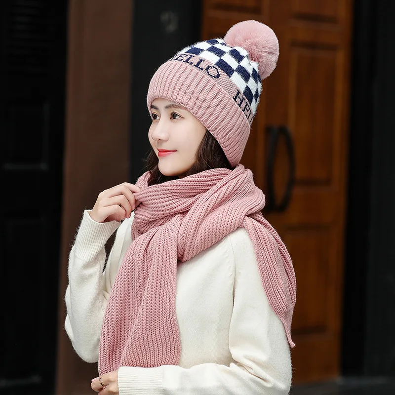 pink set Комплект из 2 предметов, женские зимние шапки, шарф, хлопок, плюс бархат, шапочки, шапки для девочек, шапка и шарф, набор, помпоны, шапки, вязанный длинный шарф - Цвет: pink set