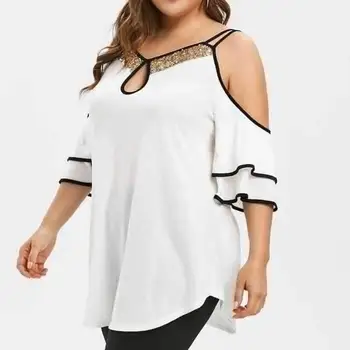 

Fashion Fat Women Plus Size Blouses V Neck off Shoulder Ruffled Sleeve Irregular Hem Blouse for female femme vestido