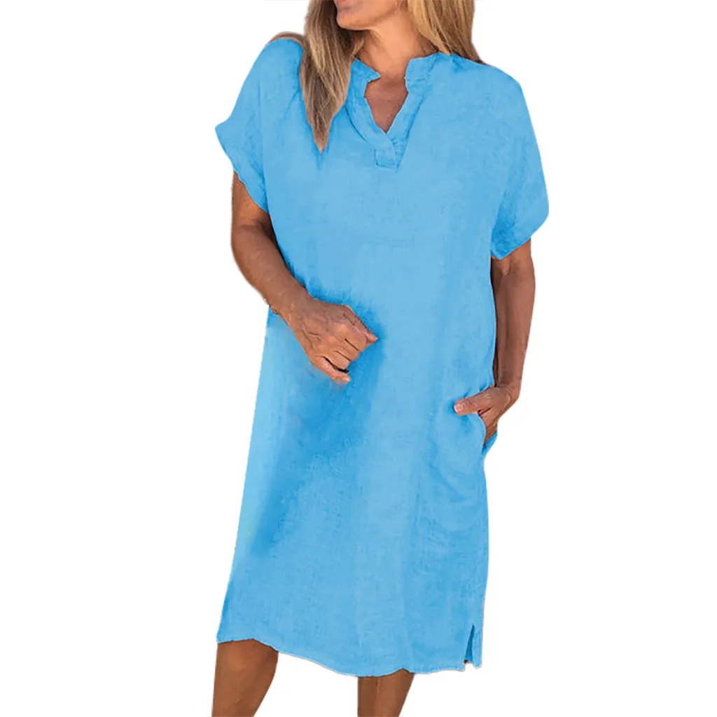 Women Dress Summer Women's Solid Short Sleeve V-Neck Mini Summer Dress Cotton Linen Dress Formal Dress Women Casual
