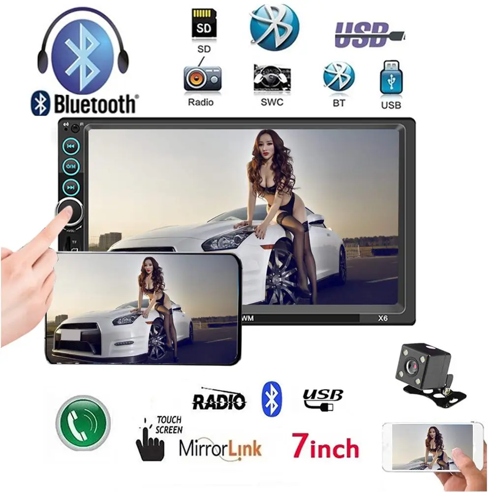 

7" 2 DIN HD Car MP5 Player Touch Screen Radio Mirror Link Supports Android IOS TF USB AUX + Camera Reversing Steering Wheel