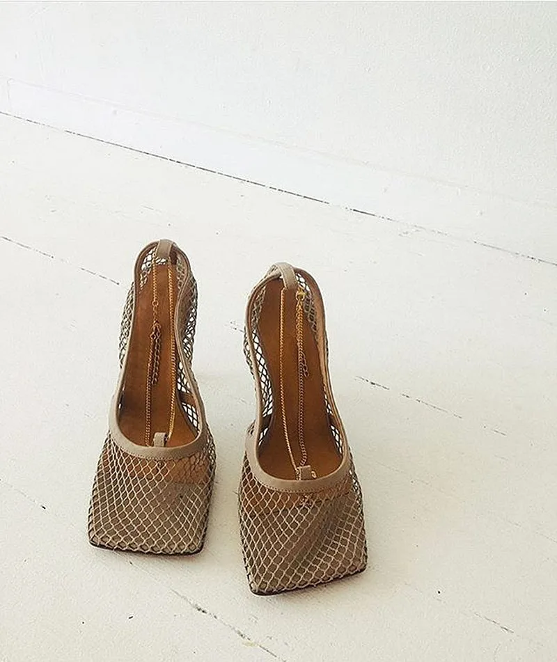 Summer New Mesh Hollow Women Pumps Square Toe Metal Chain Stiletto Heel Shoes Woman Sexy Slip On Ladies High Heels Shoes Sandals (22)