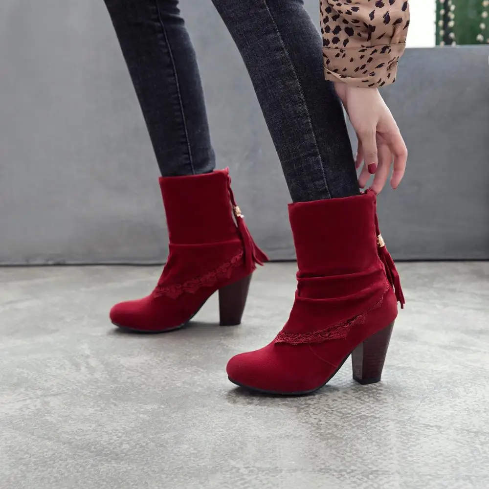 

Shoes Round Toe High Heel Boots Red Woman Booties Lace Up Luxury Designer Heels Chunky Ladies Big Ankle Women Fashion Spring