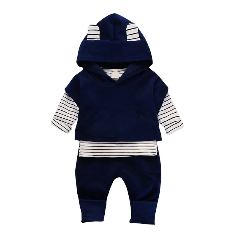 

hilittlekidBaby Boys Girls Long Striped Top+Ear Corduroy Coat+Full Pants Active Spring Autumn Warm Sets Kids Cotton Clothes Sets