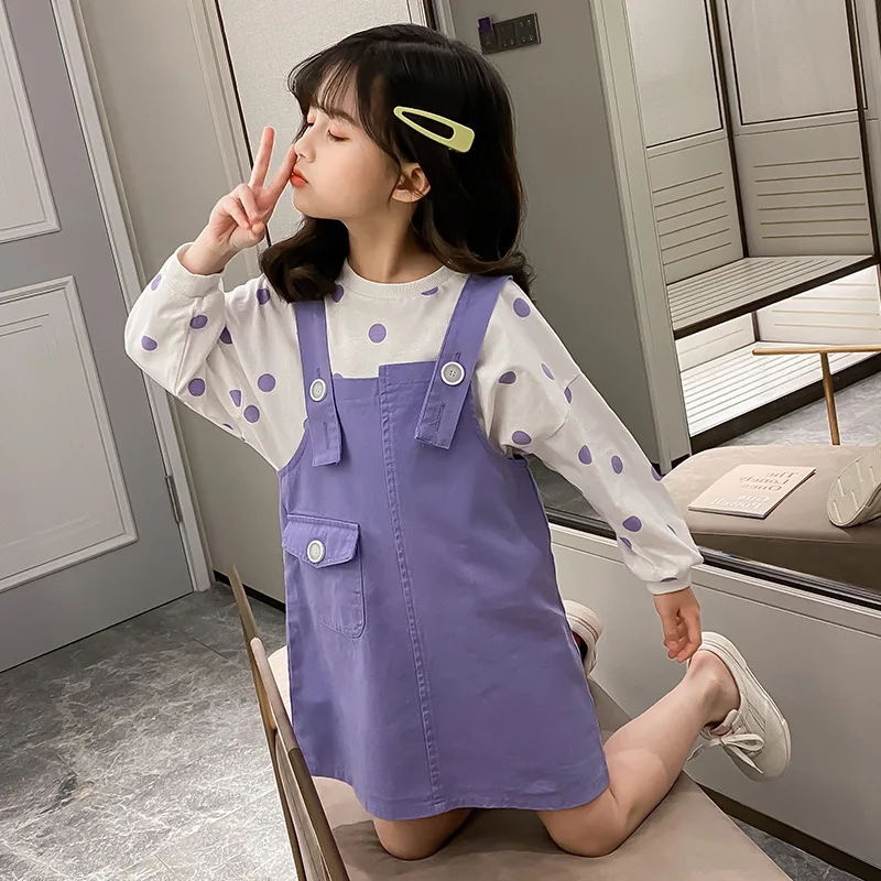 

Girls' Skirt Set Spring And Autumn Middle And Large Children Fashionable Online Celebrity Suspender Skirt Dotted Hoodie Two-Piec