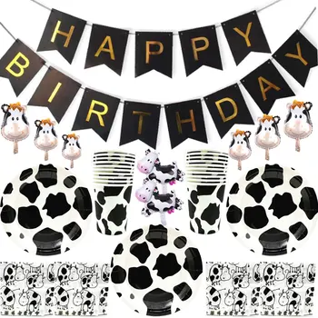 

2020 Cow Theme Party Supplies Decoration Cute Ranch Cow Triangle Flag Cow Paper Plate Paper Cup Disposable Tableware
