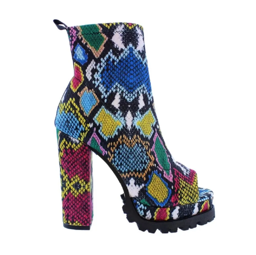 

Winter 2020 New Women's Zipper Snake Pattern Waterproof Platform High-heeled Thick-soled Open Toe Low-tube Boots Autumn