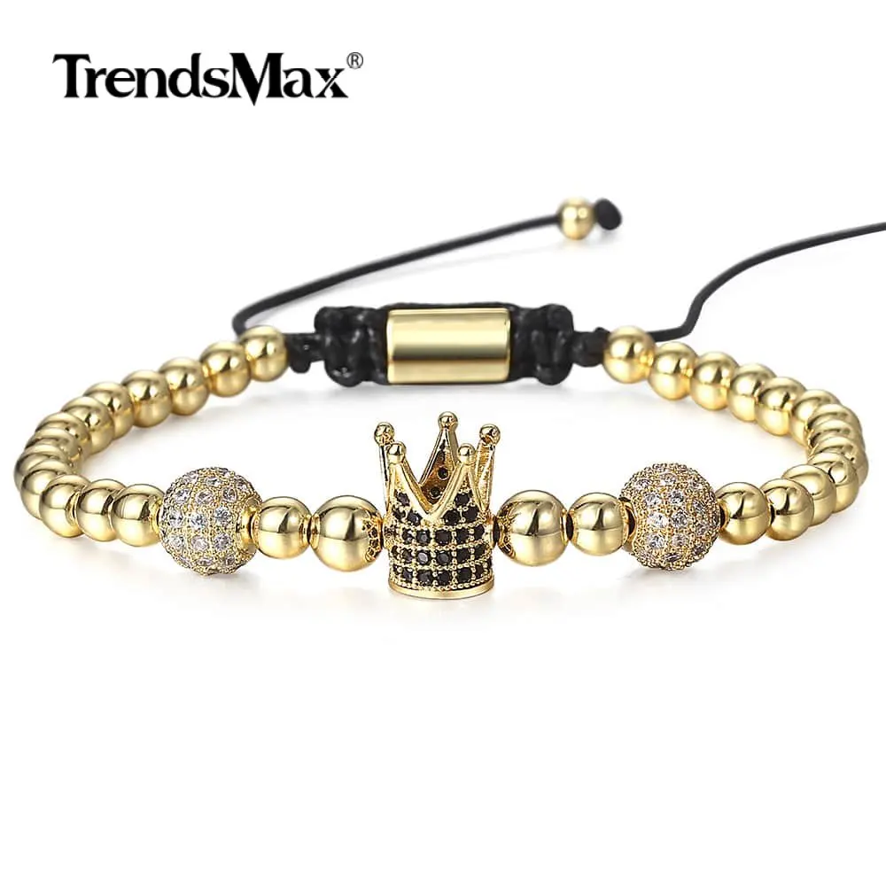 

Paved CZ Crown Beaded Bracelet For Mens Womens Handmade Braided Leather Adjustable Bracelets Luxury Jewelry Gift DBM65