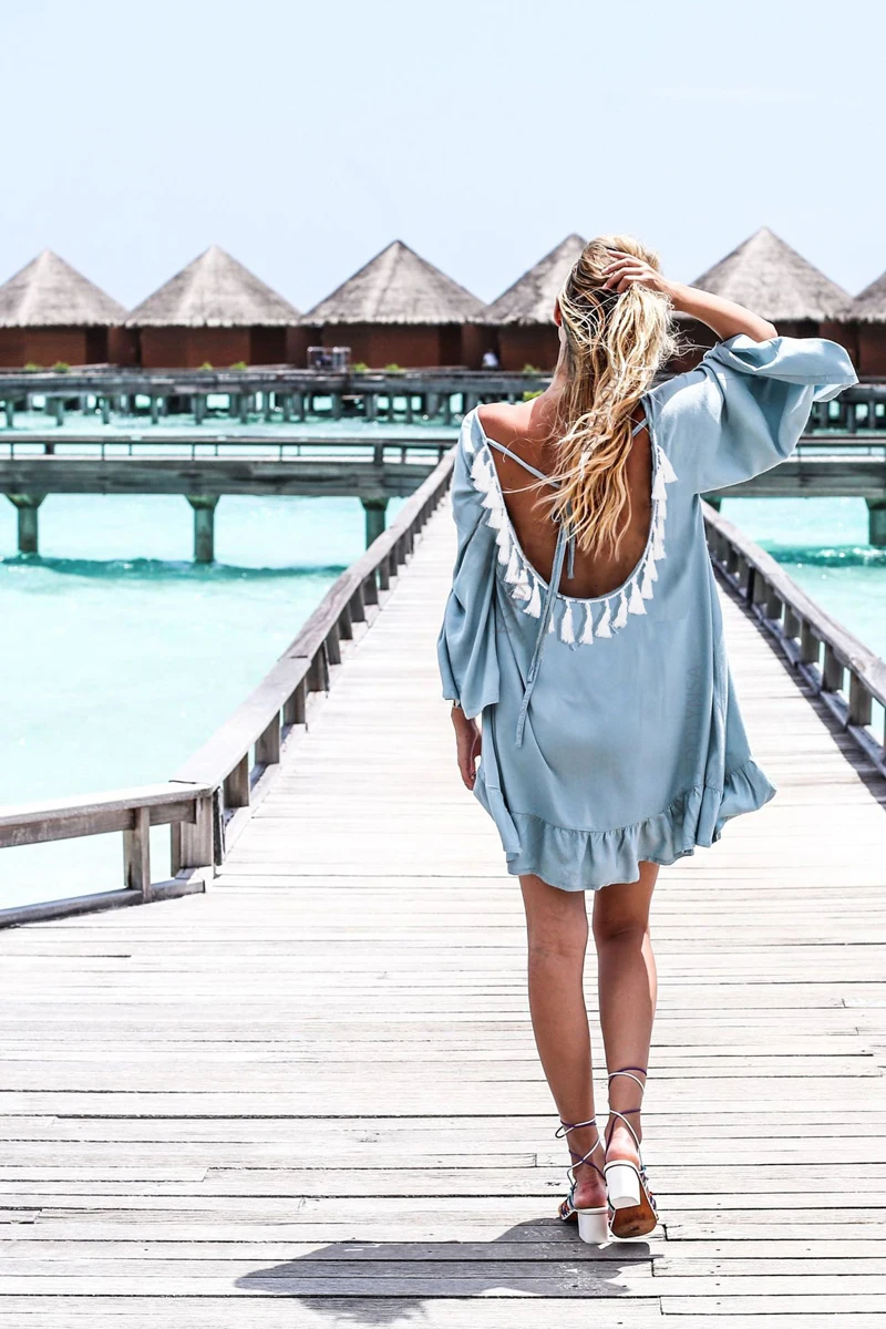 Beach Cover Up Women Plus Size Beachwear Sexy Open Back Summer Beach Dress vestido de playa Blue Cotton Tunic pareo plage A341