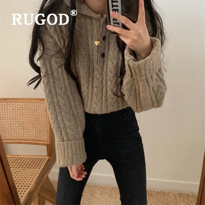 Свитер женский RUGOD, Модный женский свитер с капюшоном, винтажный Свободный пуловер, повседневный толстый зимний свитер с длинным рукавом кофта женская