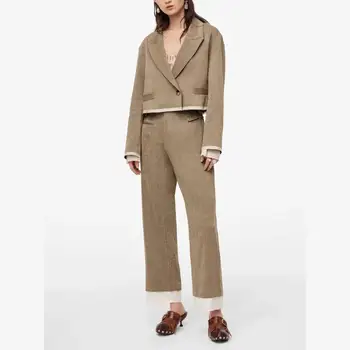 

new women summer suits two piece set contrast cropped blazer & trousers High waist front pockets chandal mujer 2 piezas