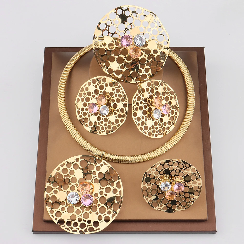 5Pcs Trendy Engagement Wedding Jewelry Dubai African Ladies Flower Earrings Ring Gold Plated Necklace Party Christmas Jewellery | Украшения
