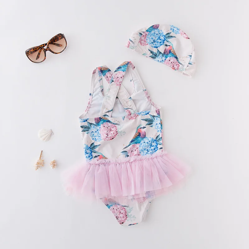 

KID'S Swimwear GIRL'S One-piece Swimming Suit Flower Bird Mesh Dress Triangle Swimwear Vest Exposed Back with Cap 2 Pieces