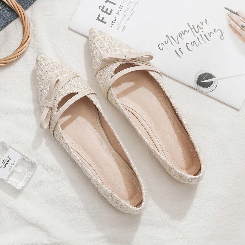 Women Flats Pointed Toe Beige Lady Flat Heel Shoes Bowknot Slip on