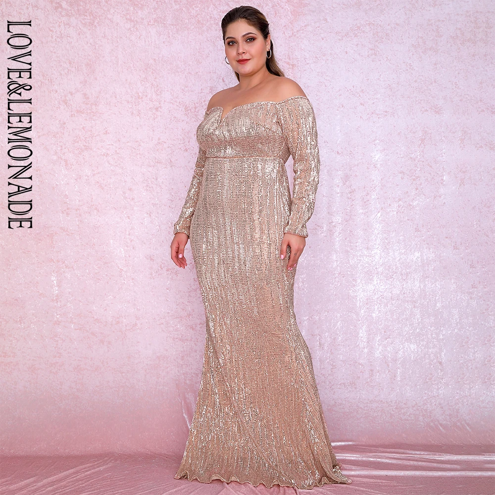 LOVE& LEMONADE размера плюс сексуальное розовое золото глубокий v-образный вырез с открытыми плечами облегающее эластичное платье макси с блестками LM80273PLUS осень/зима