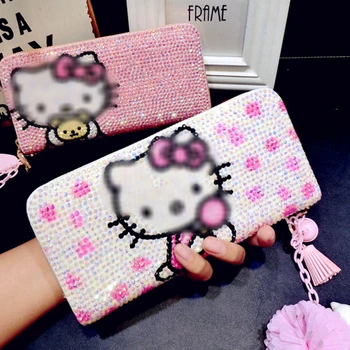 

Girls Cartoon KT Cat Personality Kitty Cat Money Folder Bag Lovely Bright Women Leather Handbag Helloo Kitty Diamond Cute Wallet