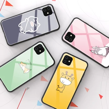 

Tempered Glass Phone Case For iPhone 11 2019 On iPhone 11 Pro Max Cute Cartoon Animal Back Cover