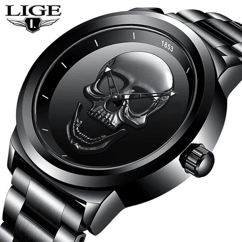 

Men 3D Skull Watch LIGE Top Brand Quartz Stainless Steel Watchs Men Fashion Business Waterproof Creative Clock Relogio masculino