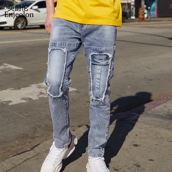 

Enjeolon Brand Men Denim Jeans Long Full Trousers Hole Jeans Pants Man Cotton Blue Solid Males Causal Jeans Male NZ075