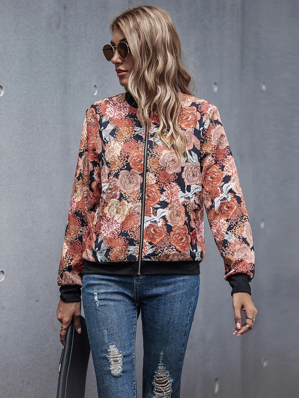 Primavera otoño Floral Print Bomber abrigos chaqueta con cremalleras abrigo mujer abrigo Shein Urbane de las mujeres chaquetas primavera 2021|chaquetas básicas| AliExpress