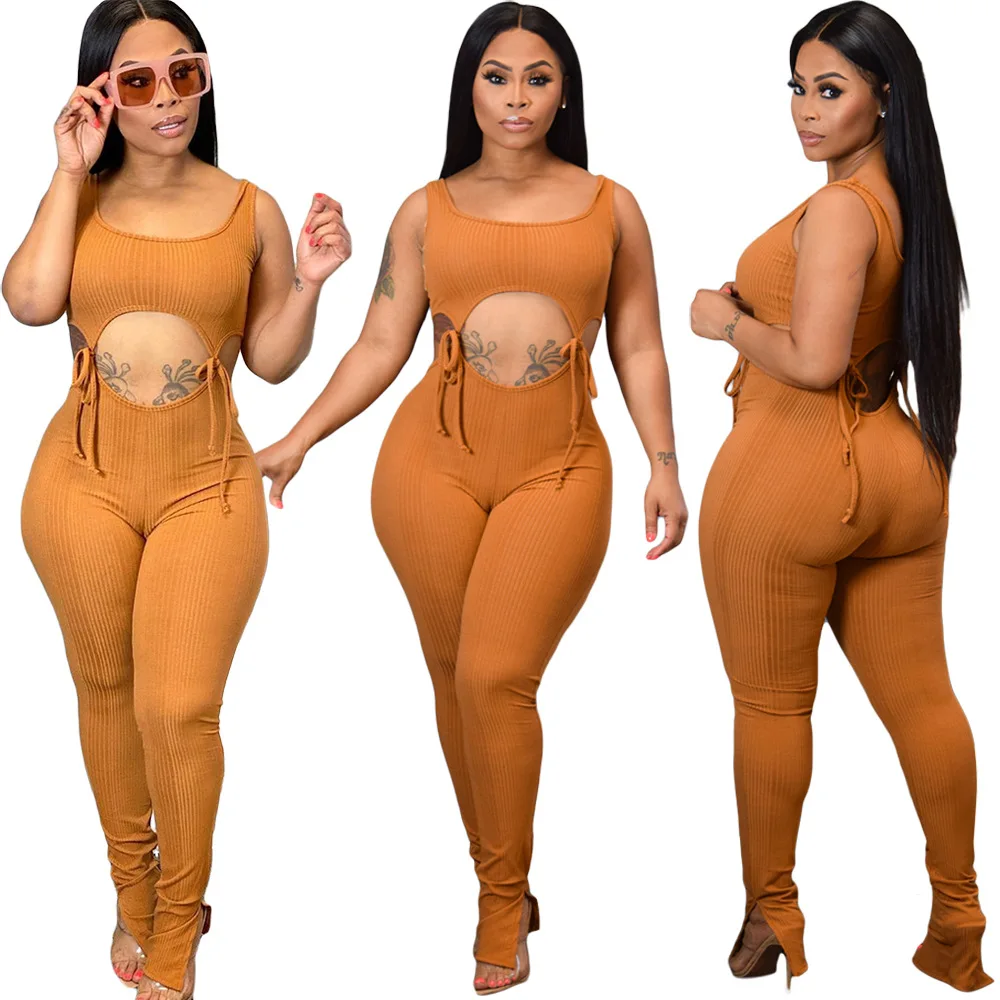 HAOYUAN Sexy Hollow Out Lace Up Rompers Womens Jumpsuit Summer Body Clothes One Piece Club Outfits Sleeveless Bodycon Overalls HAOYUAN Sexy Hollow Out Lace Up Rompers Womens Jumpsuit Summer Body Clothes One Piece Club Outfits Sleeveless Bodycon Overalls