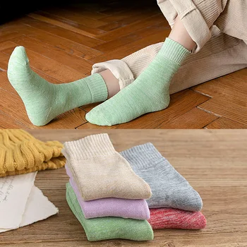 

Women Winter Socks Keep Warm Terry Inside Slipper Socks for Female Home Wear Bed Floor Mid Calf for Boots Candy Color Crew Sox