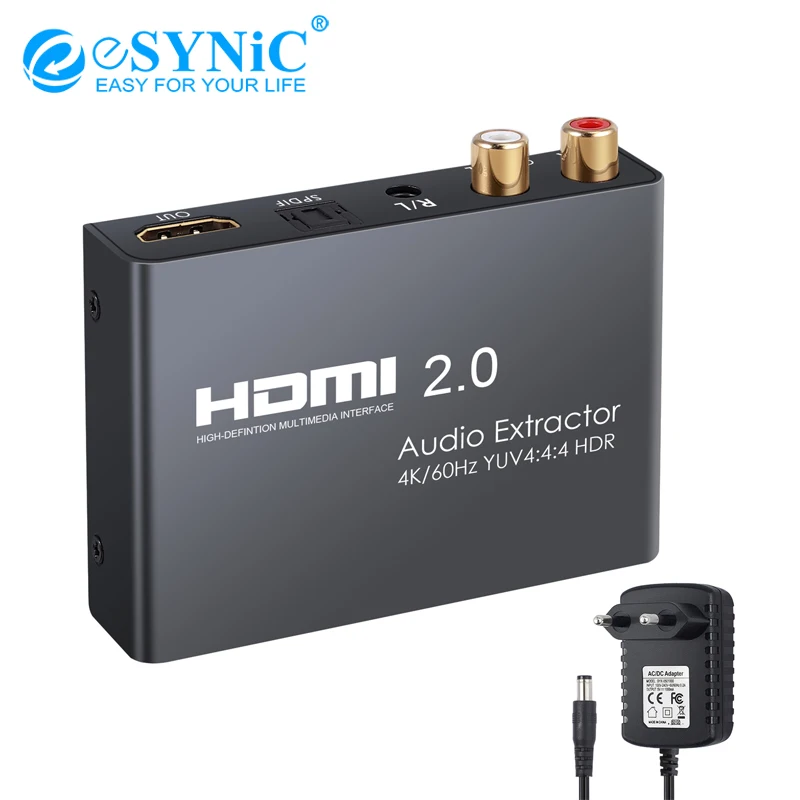 

HDMI 2.0 Audio Extractor 4K@60Hz YUV 4:4:4 HDR HDMI to Optical TOSLINK SPDIF + Analog RCA L/R 3.5mm Headphone Splitter Adapter