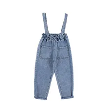 DFXD/корейские джинсы для девочек комбинезоны для девочек модные осень длинный лук прямой синего джинсового цвета комбинезон для 3-12Yrs для девочек-подростков; Костюмы