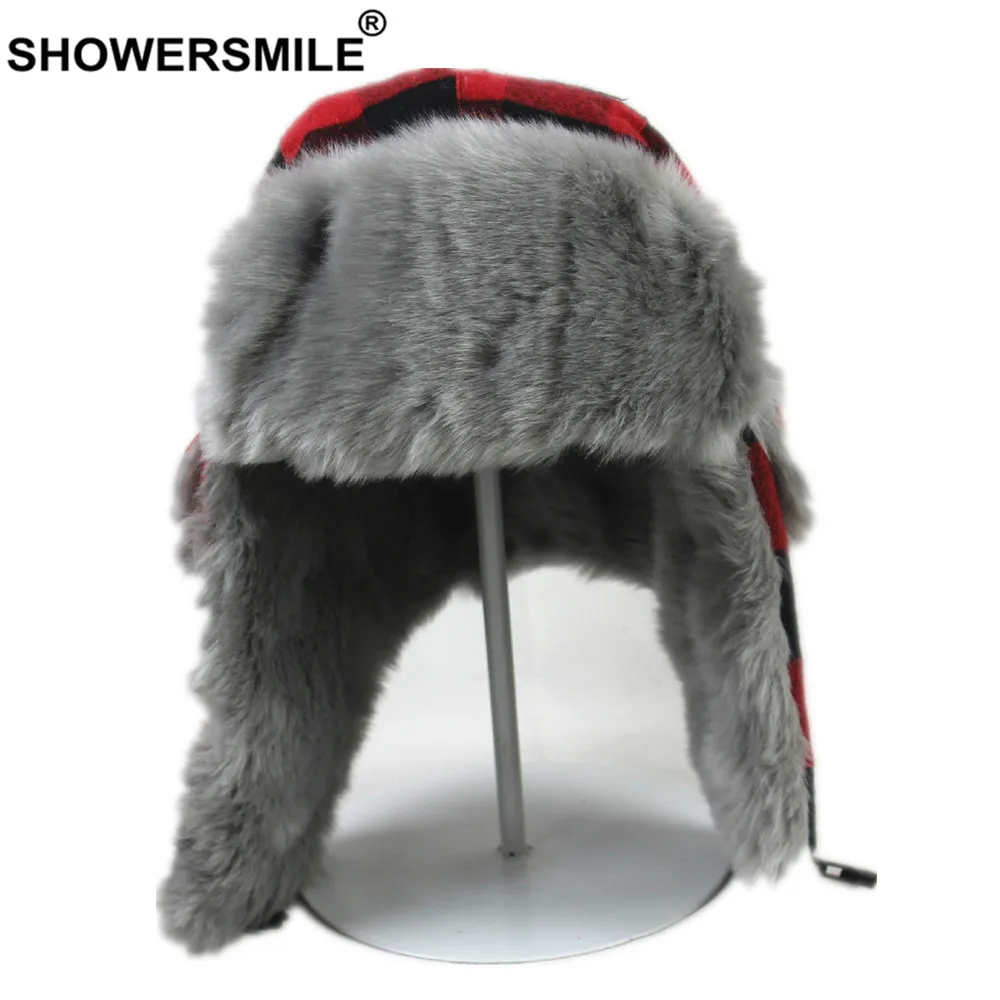SHOWERSMILE, красные клетчатые женские зимние шапки, женская шапка-ушанка, шапка с наушниками, кашемировая, теплая, толстая, Охотничья, лыжная, брендовая, меховая, Русская Шапка