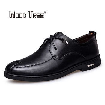 

WOODTREE Men's Leather Shoes Breathable Round Toe Men's Dress Shoes Lace Up Waterproof Solid Business Shoes Casual Flats