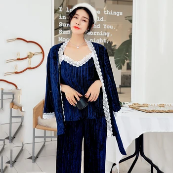 

Warm Winter Sleepwear For Women Sleep Set Kimono Bathrobe Gown Lingerie Velour Lace Home Clothing Navy Blue Nightwear 3PCS