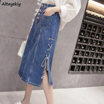 

Skirts Women Fashion Hole A-line Solid Side-slit Vintage Package Hip Long Jeans Skirt Chic Summer Pocket Lace Up Plus Size 5XL