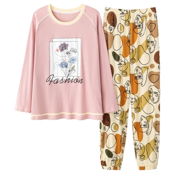 

Summer ladies cotton and linen short sleeve cropped pants pajamas suit women's comfortable pink plus size casual home service