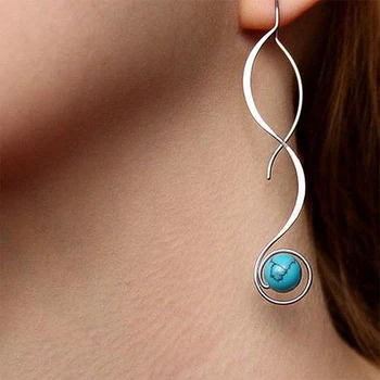 

Huitan New Trendy Women Drop Earring Simple Wave Design Solitaire Blue Stone Daily Wear Fine Gift for Girls/Mother Silver Color