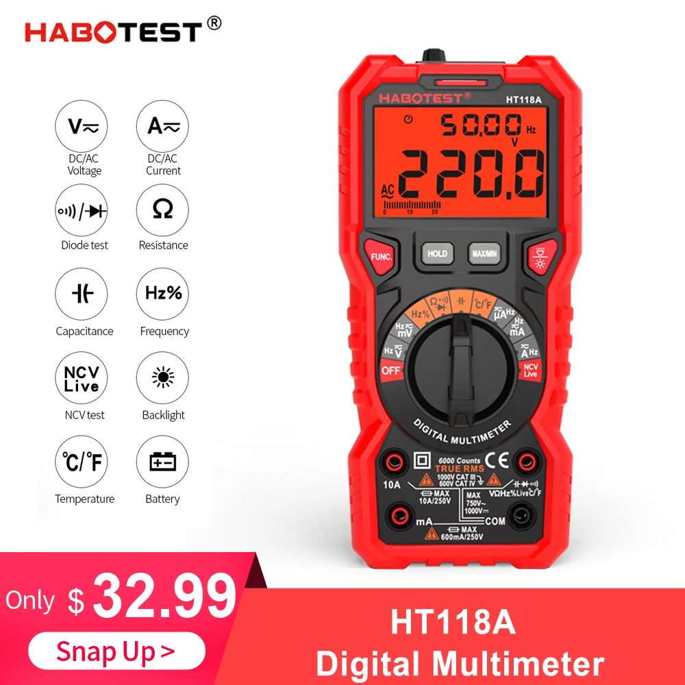 HABO TEST HT118A Цифровой мультиметр 6000 отсчетов Автоматический диапазон напряжения