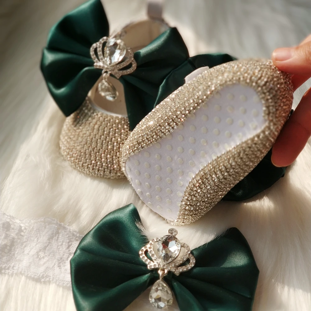 Dollbling Emerald Crown Baby Cirb Shoes Green Bow Headband Set Bling Bebe Name Ballet 100 Day Ballerina Princess Girl First Wa