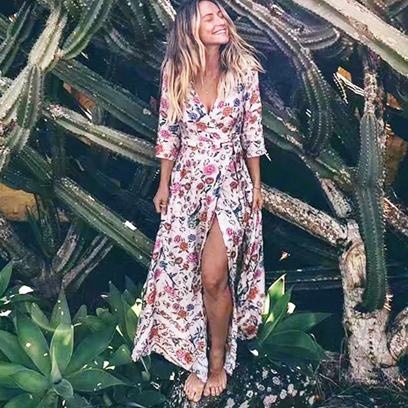 Длинное платье TEELYNN Boho 2020 с цветочным принтом хлопковое сексуальное v образным
