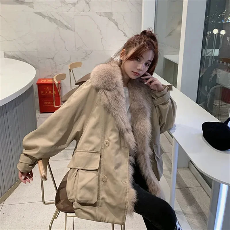 Temperament Big Fur Collar Tooling Parker Cotton Clothing Women Tide Autumn And Winter 2023 New Loose Mid-Length Coat M289 temperament knitted dress women mid length sweater stitching mesh skirt autumn and winter new women s clothing female streetwear