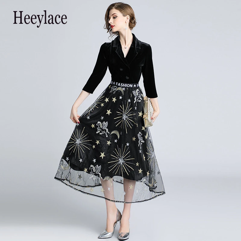 Осень Винтаж вышивка миди вечерние платье Robe Femme Hiver элегантное женское платье vestidos mujer Kleider Damen