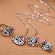 Hello kitty комплект украшений для детей модные комплекты ювелирных изделий с кристаллами Женские аксессуары металлическое модное ожерелье серьги кольца качество