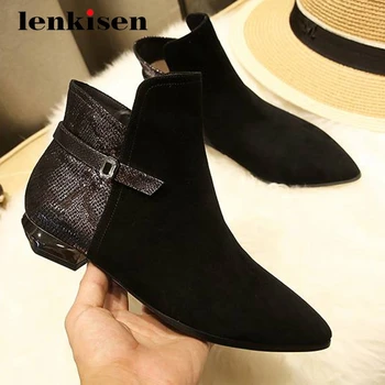 

Lenkisen western boots sheep suede mixed cloth european design round toe thick low heel zipper daily wear basic ankle boots L3f4